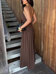 Chic Halter Neck Backless Top Ruched Wide-leg Pants Set