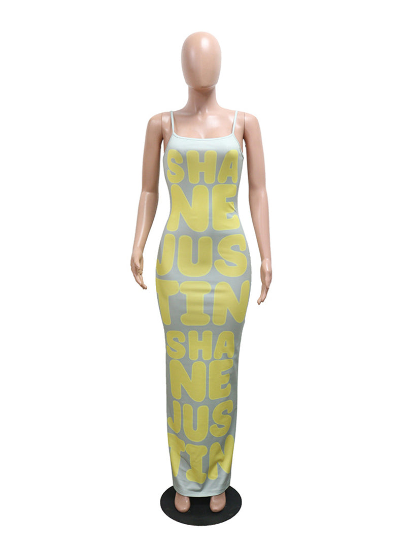 Sexy Spaghetti Strap Letter Print Bodycon Dress