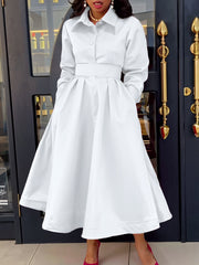 Fashion Lapel Long Sleeve Slim A- line Dress