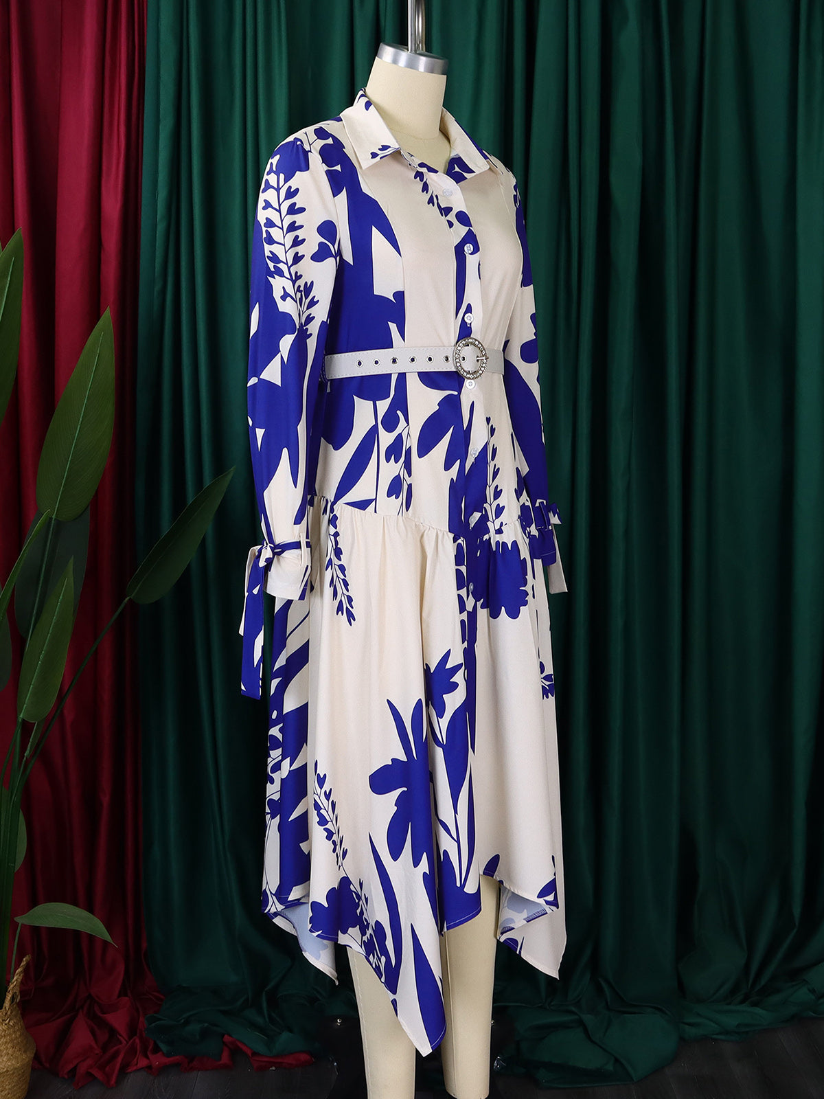 Plants Print Tied Detail Ruched Shirt Dress
