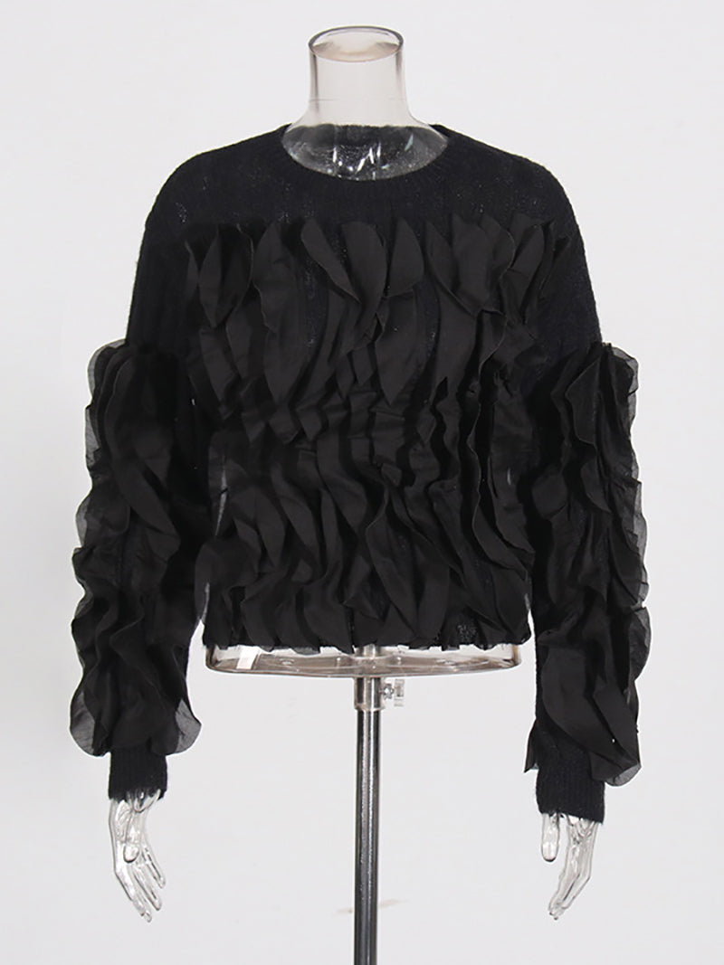 Fashion Patchwork Ruffle Slim Knit Pullover