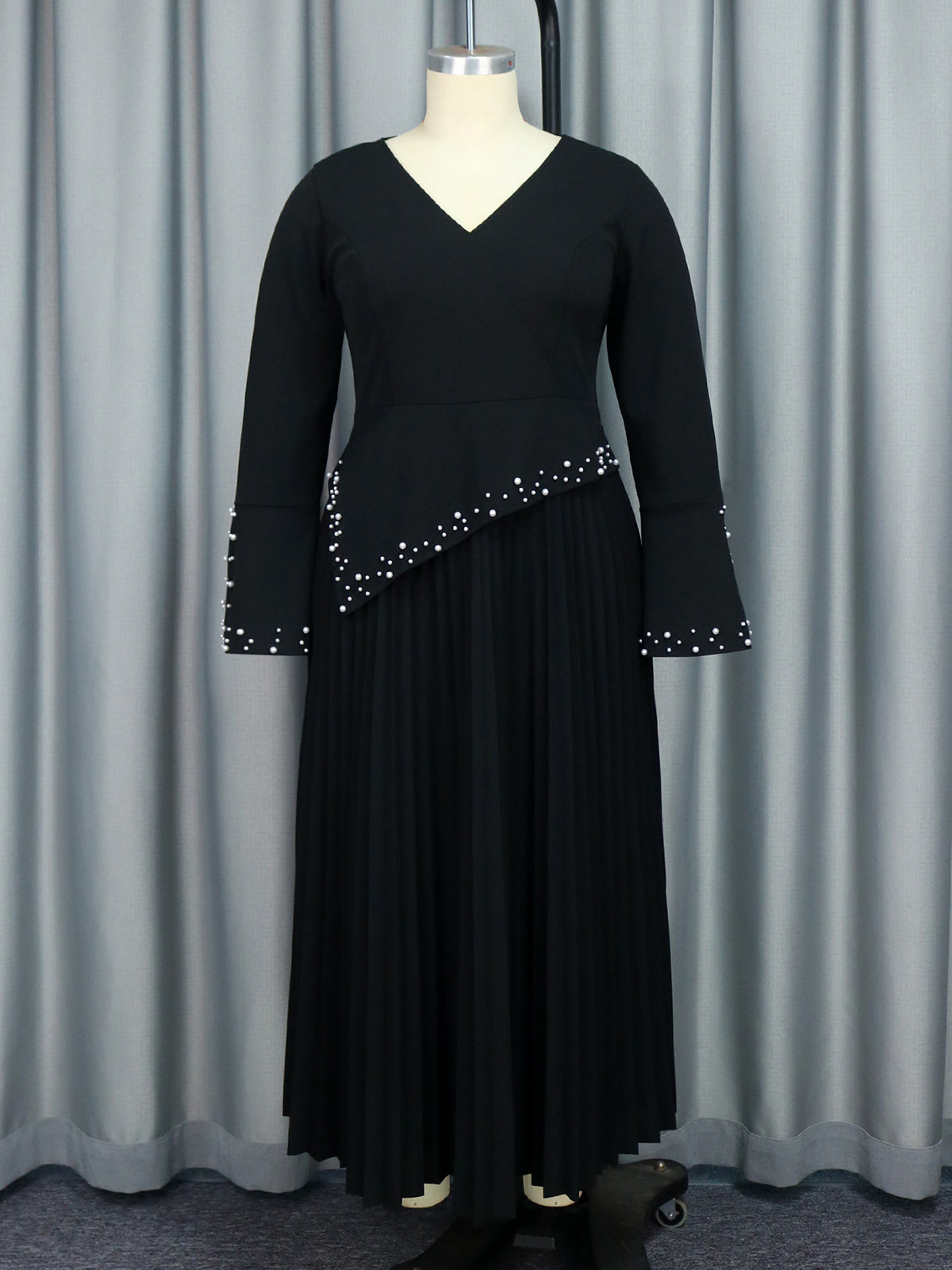 V-Neck Beaded Long Sleeve Pleated Maxi Dress