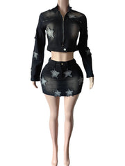 Star Patch Denim Jacket and Mini Skirt Set