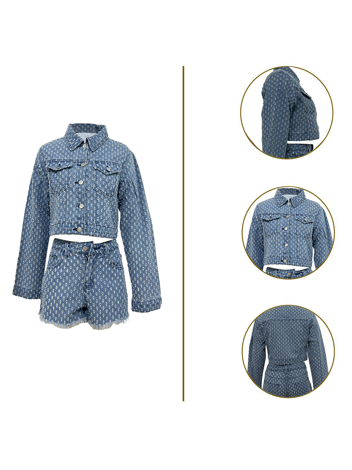 Denim Ripped Cropped Jacket and Shorts Casual Set