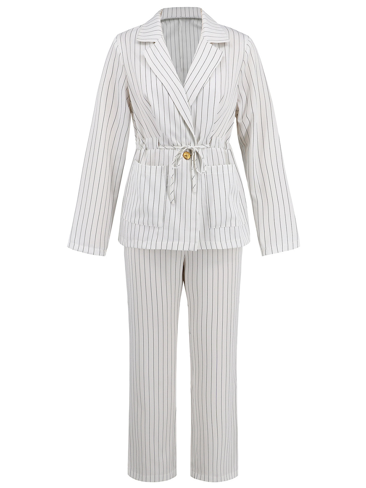 Striped Lapel Blazer Straight Pants 2 Piece Set