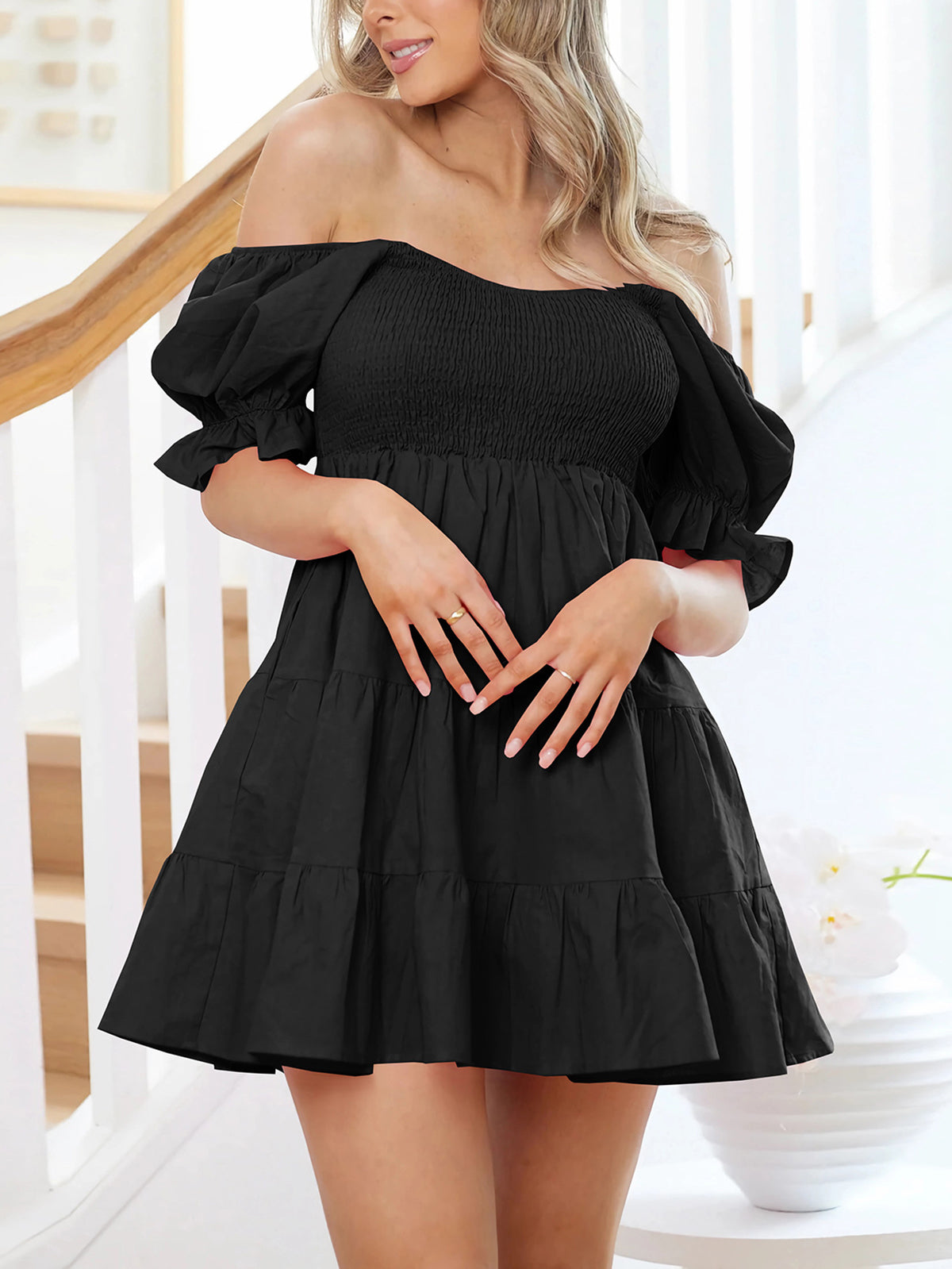 Sexy Off Shoulder Ruffle Slim Lantern Sleeve Mini Dress