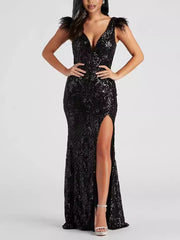 Sexy V Neck Sequin Feather Maxi Dress