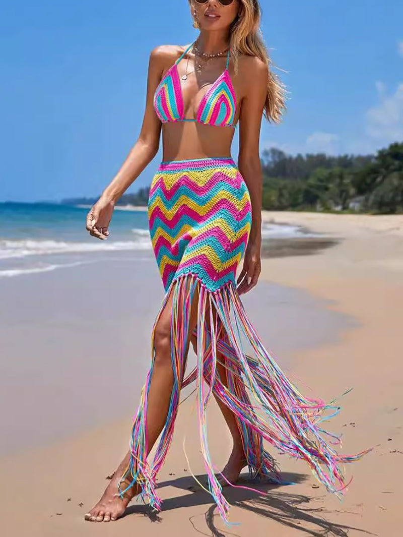 Sexy Knit Wavy Grain Beach Smock Skirt Set