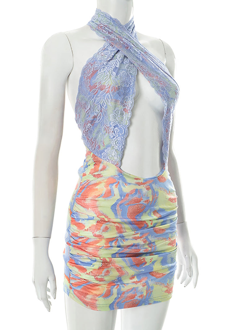 Sexy Mesh Print Lace Halter Mini Dress
