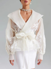 Retro Bubble Sleeve Lace-up Slim Shirt