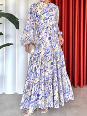 Fashion Floral Print Long Sleeve Tie Up Maxi Dress