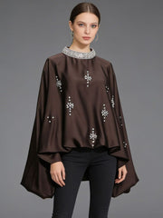 Embellished Neckline Draped Long Sleeve Blouse