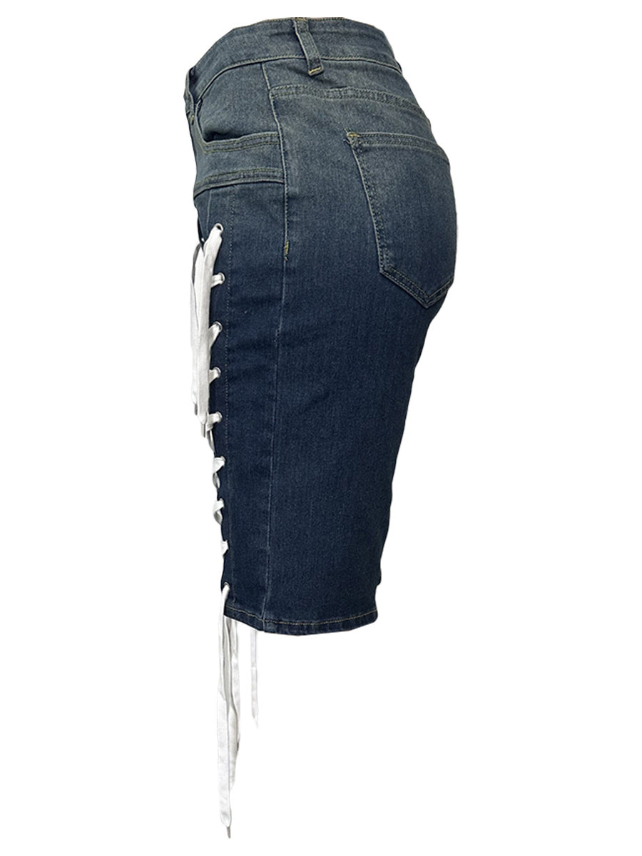 Drawstring Lace-up Washed Denim Shorts