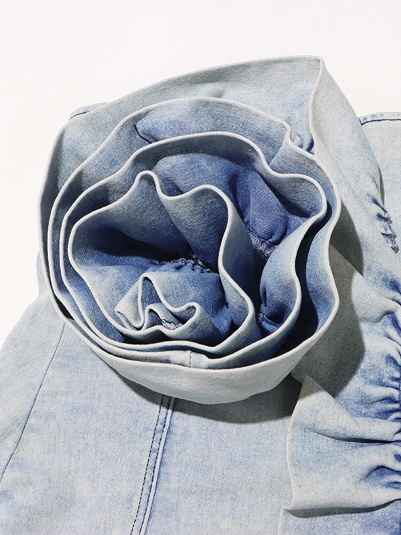 Sexy Strapless Flower Detail Denim Dress