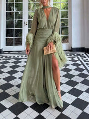 V Neck Feather Cuff Slit Maxi Dress-boutique