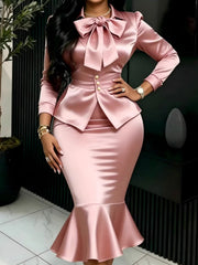 Bow Cinched Waist Slim Blazer And Fishtail Skirt Gown Set