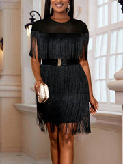 Elegant Round Neck Fringe Belt High Waist Dress
