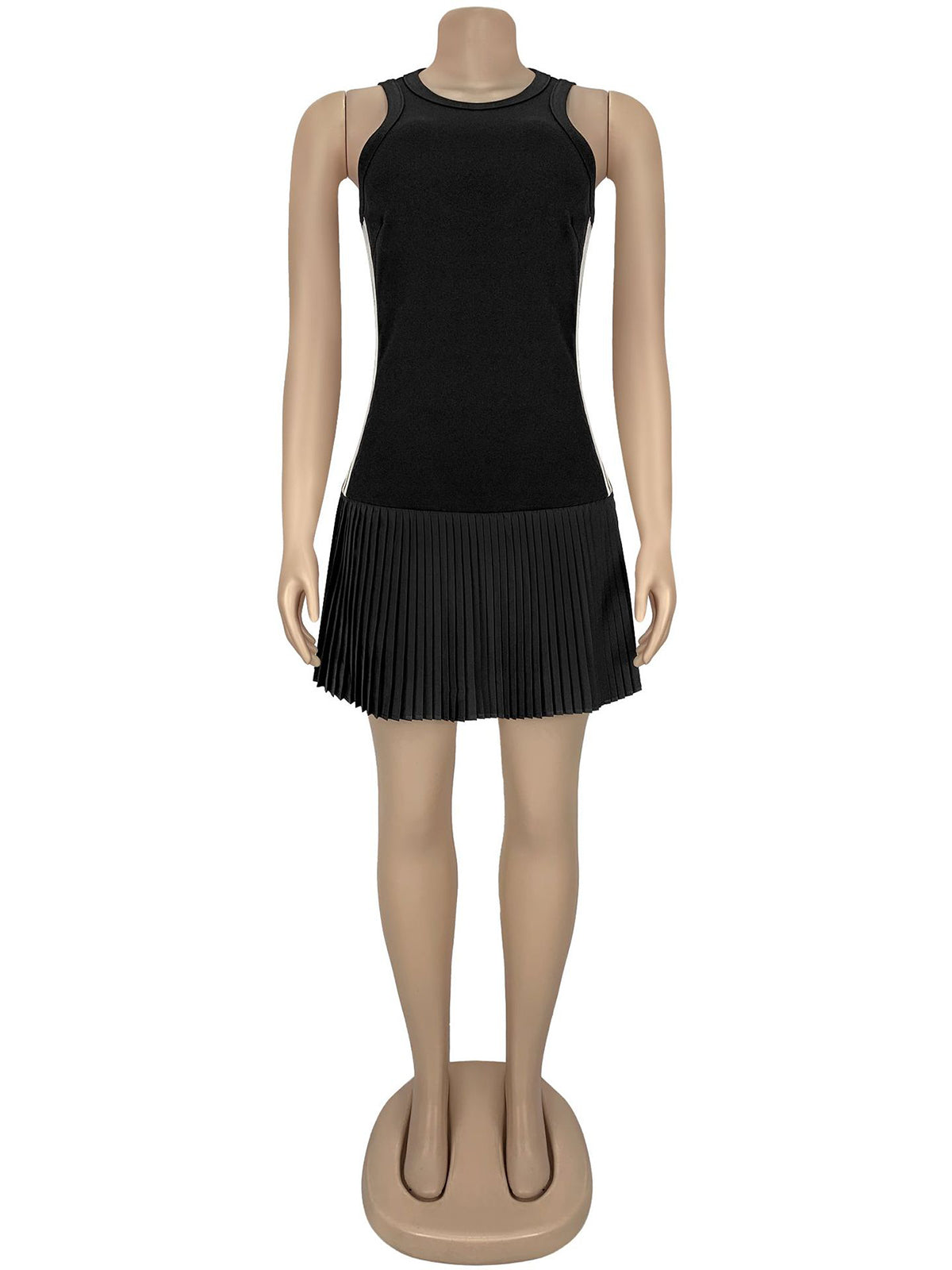 Casual Sleeveless O Neck Patchwork Pleated Mini Dress