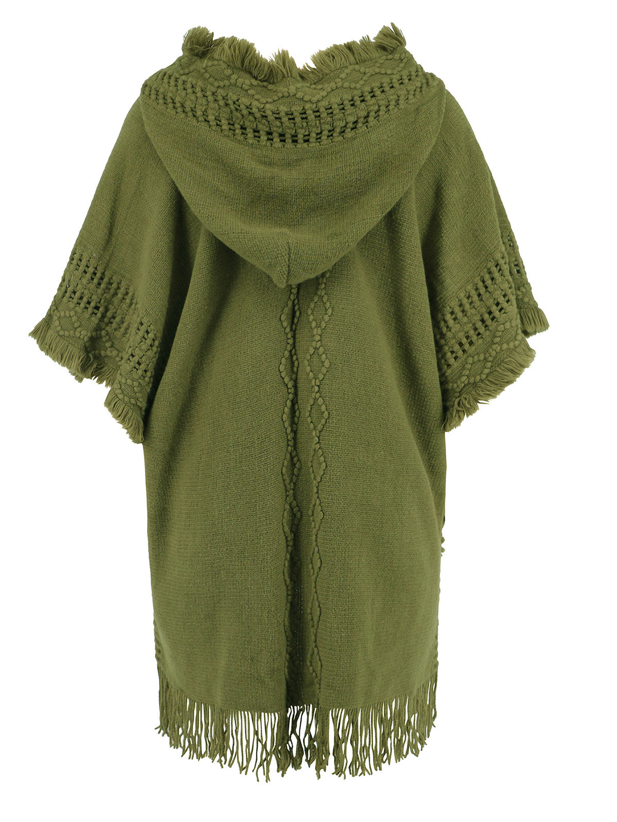 Fringe Trim Buttoned Hooded Poncho