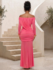 Off Shoulder Ruched Long Sleeve Maxi Dress