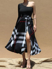 Causal One Shoulder Plaid Print High Waist Slit Dress