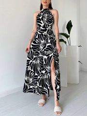 Elegant Print Patchwork High Slit Long Dress