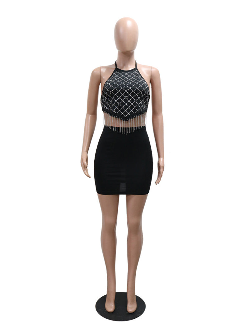 Sexy Rhinestones Tassel Backless Top And Mini Skirt Set