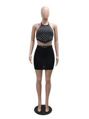Sexy Rhinestones Tassel Backless Top And Mini Skirt Set