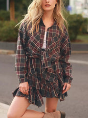 Fashion Loose Plaid Shirt And Ruffled Mini Skirt Set