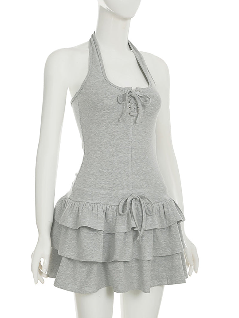 Casual Halter Backless Sleeveless Tiered Mini Dress
