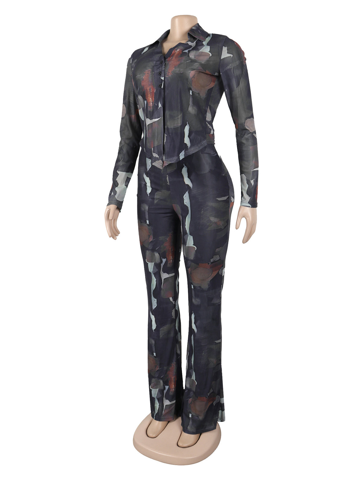 Sheer Mesh Print Shirt Long Pants Casual Set