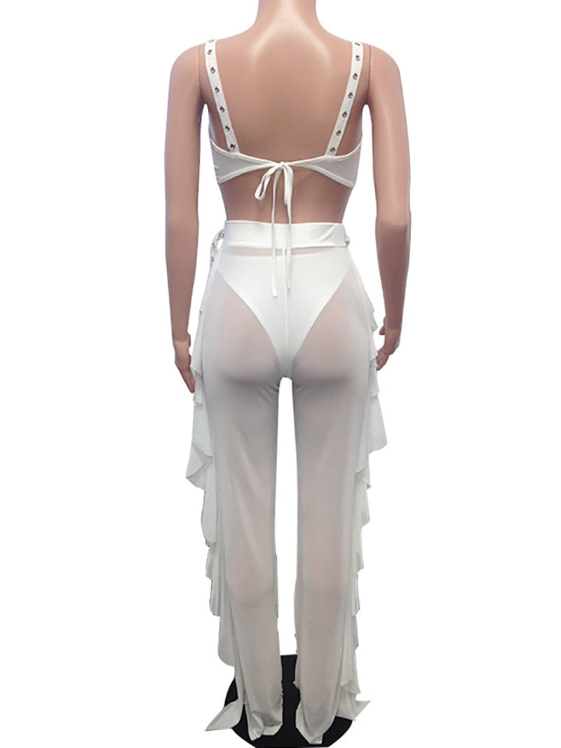 Mesh See Through Crop Top Ruffle Pants Two Piece Set