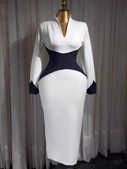 Elegant V Neck Contrast Color Cinched Waist Dress