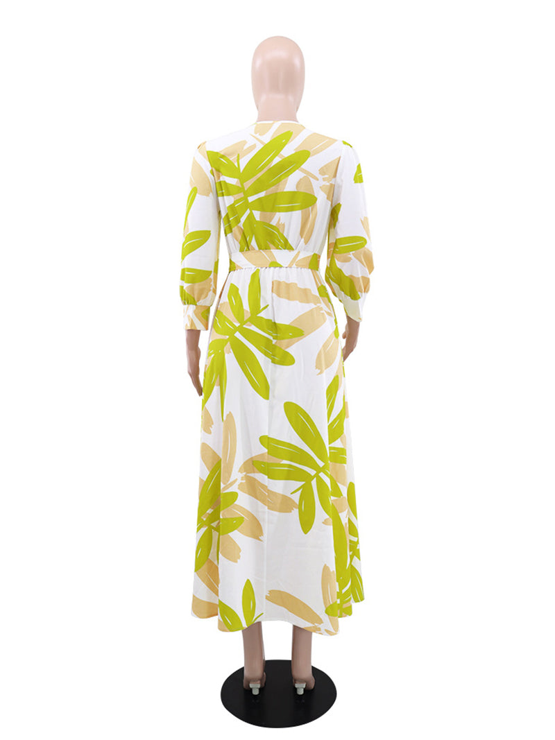 Casual Leaf Print Lace-Up Cinched Waist Maxi Dress