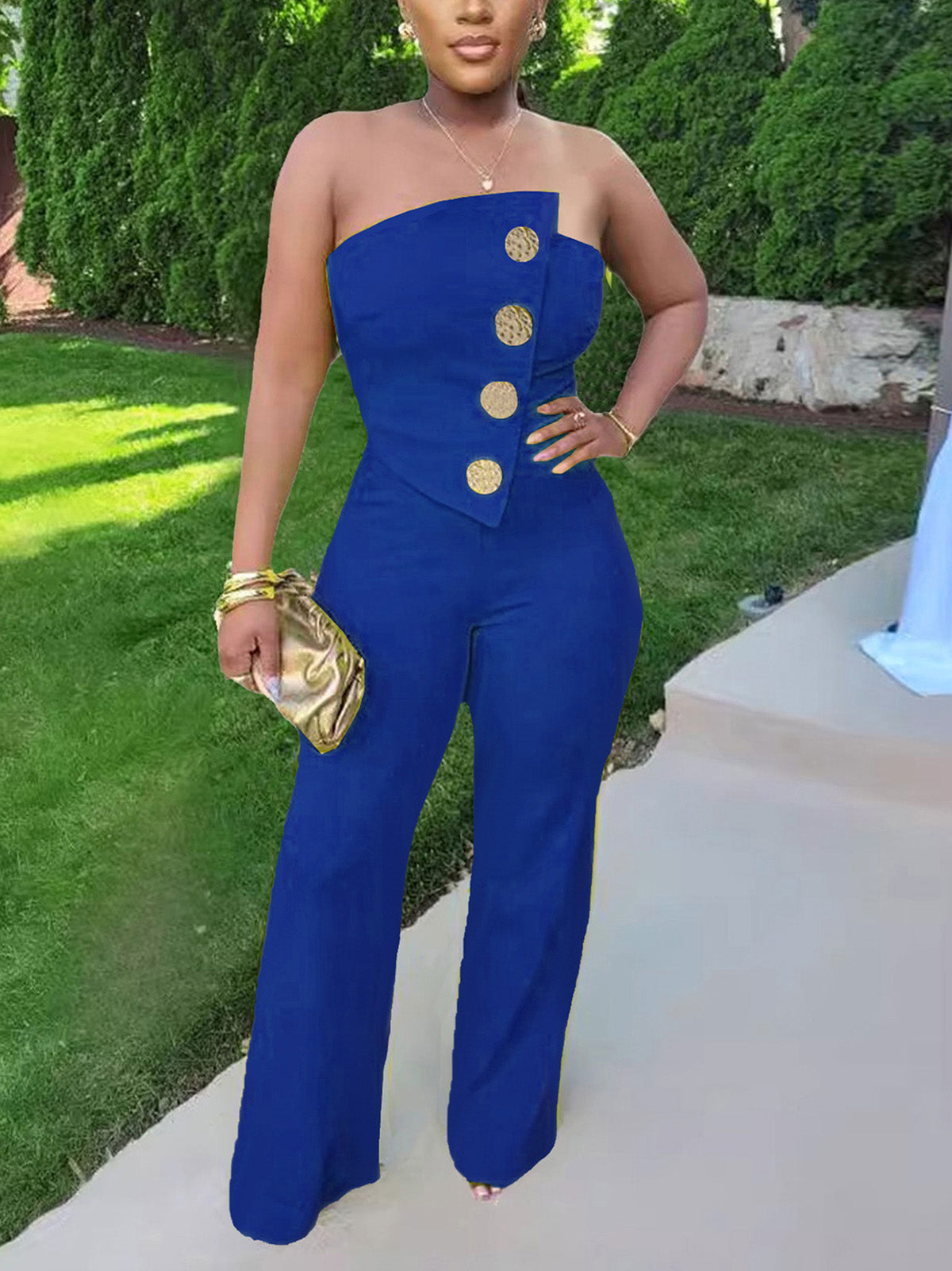 Flared Tube Top Button-Embellished Jumpsuit