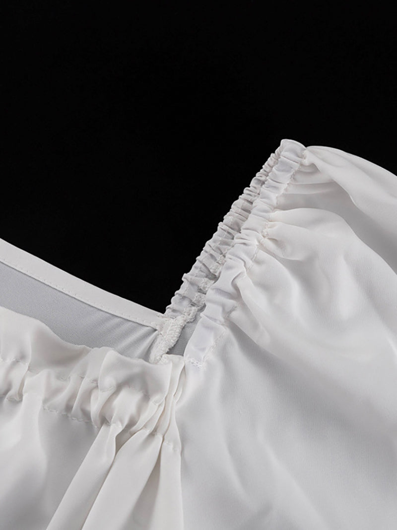 Square Neck Lace-up Bubble Sleeves Ruffle Mini Dress