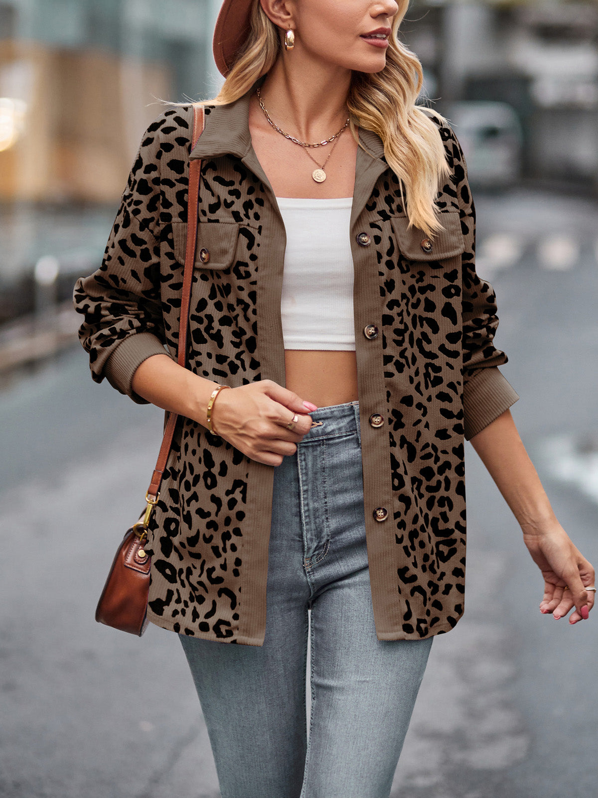 Fashion Leopard Print Button Down Shacket Jacket