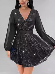 Fashion V Neck Sequin Loose Party Mini Dress