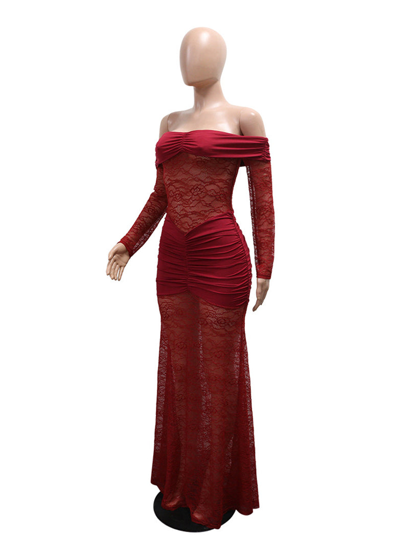 Sexy Off Shoulder Lace Ruched Maxi Dress