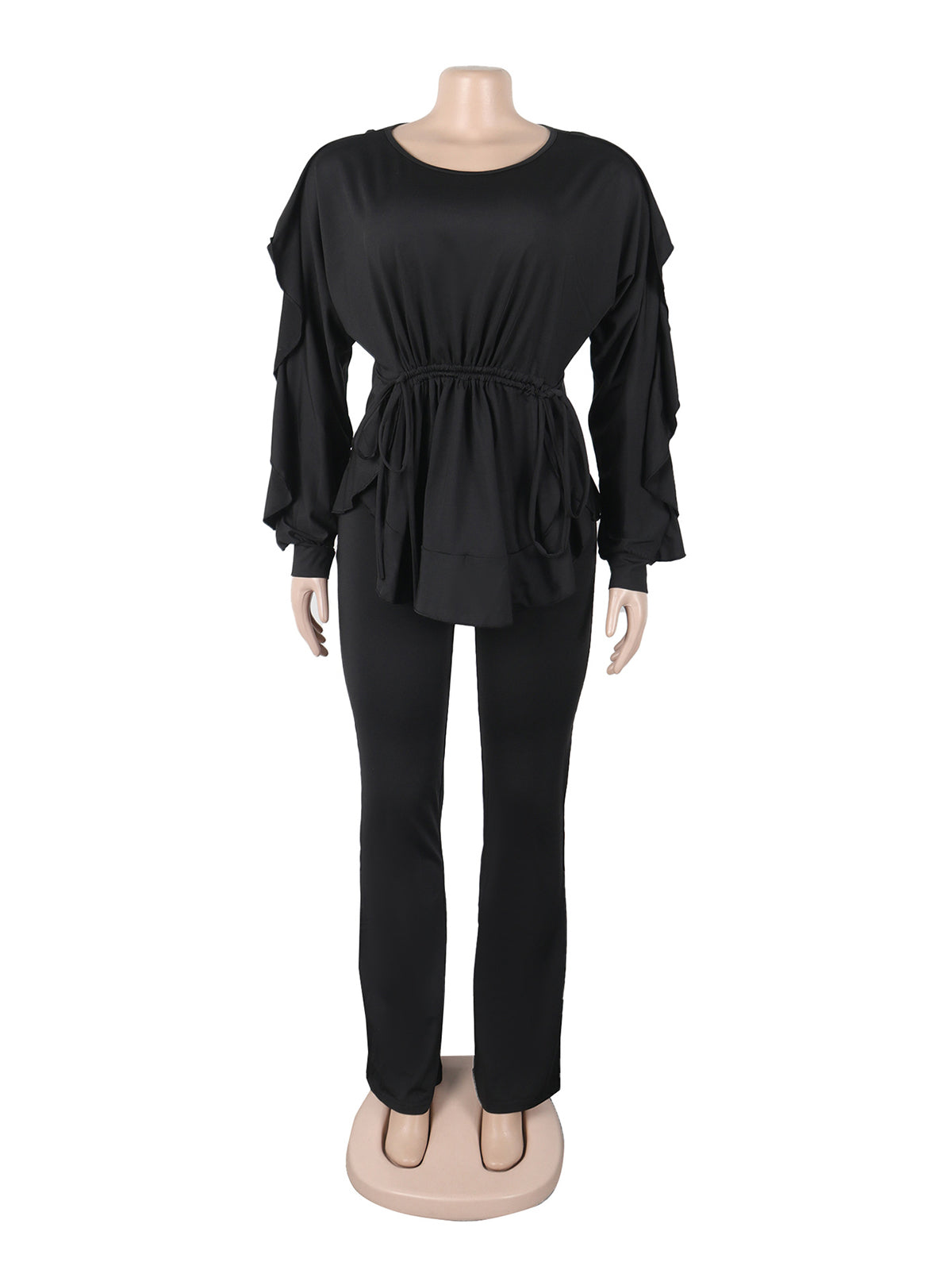 Casual Round Neck Cinched Waist Top and Pants Set