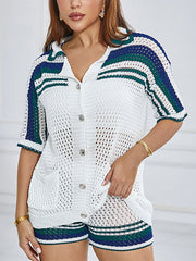 Striped Pattern Button Front Cardigan and Knit Shorts