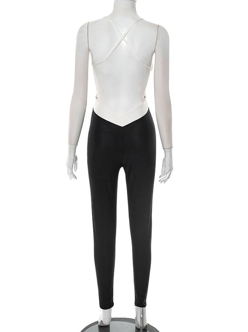 Sexy Cross Contrast Color Backless Tight Jumpsuit