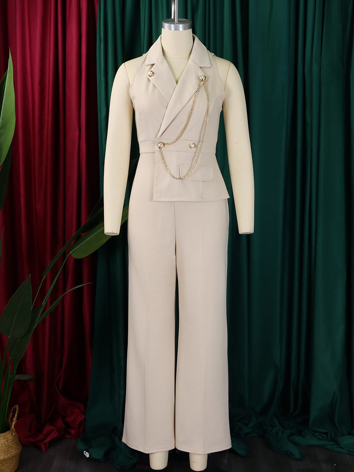 Elegant Lapel Sleeveless Chain Embellished Jumpsuit