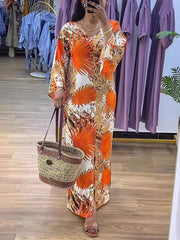 Print V-Neck Long Sleeve Slit Casual Loose Dress