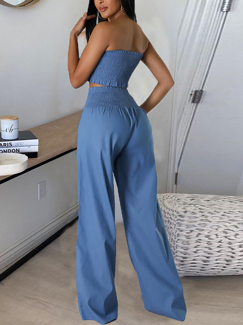 Solid Color Elastic Crop Top Slim Pants Sets