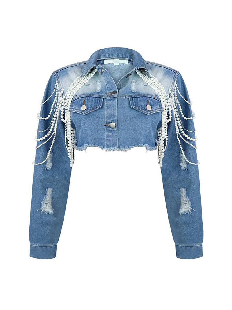 Pearl Detail Cropped Denim Jacket