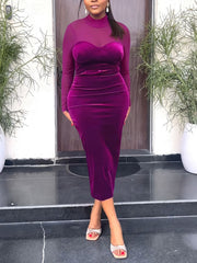 Velvet O Neck Mesh Patchwork Slim Midi Dress