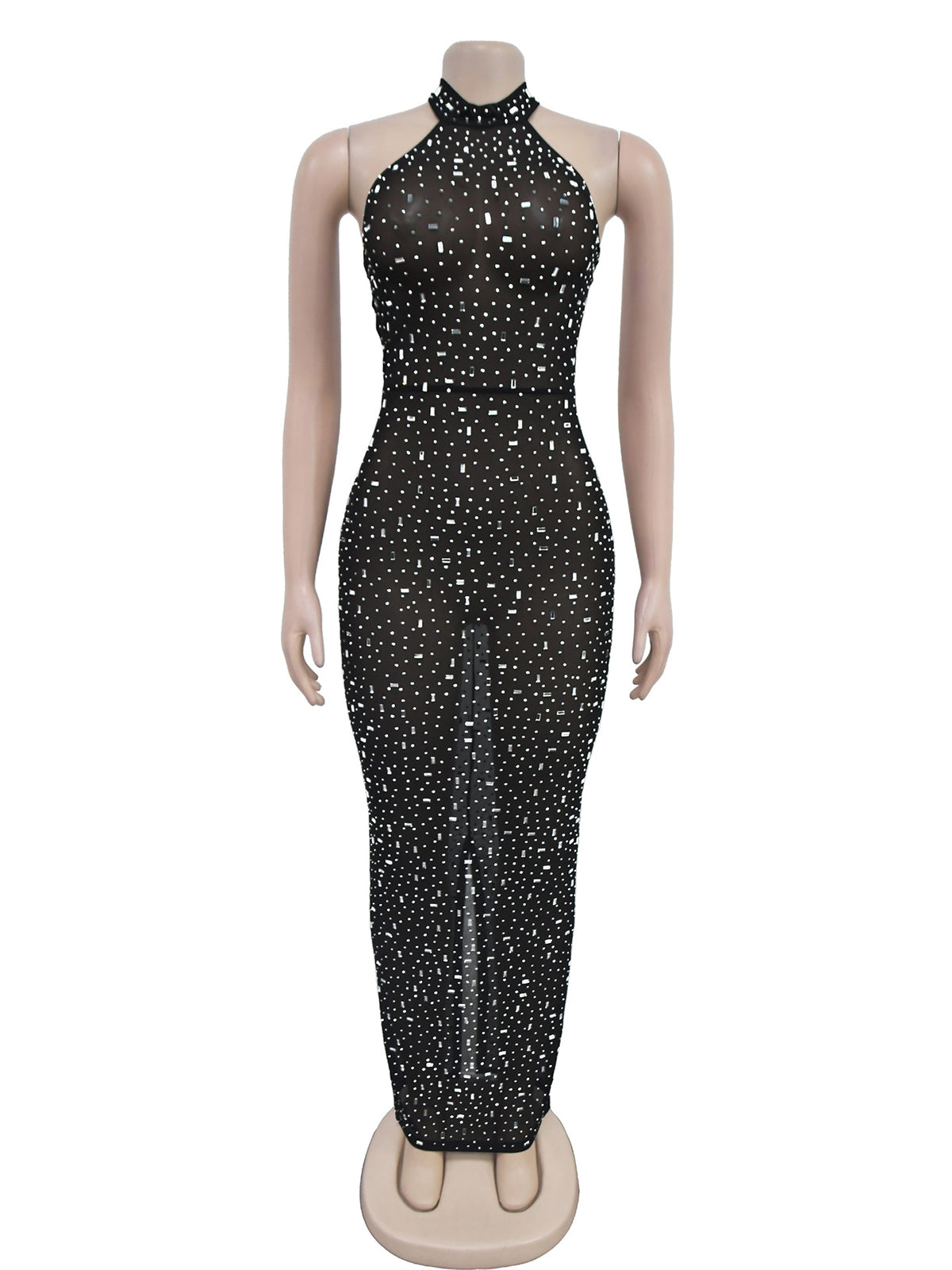 Sheer Rhinestone Halter Party Club Maxi Dress