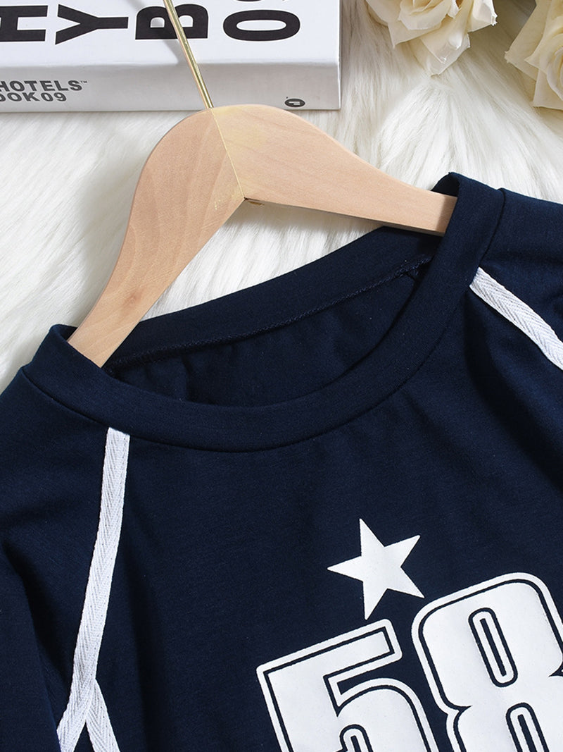 Casual Round Neck Star Number Graphic Crop T shirt