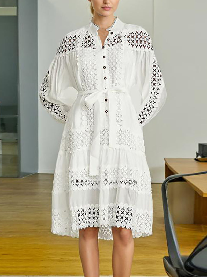 Elegant Embroider Hollow out Lace-up Midi Dress